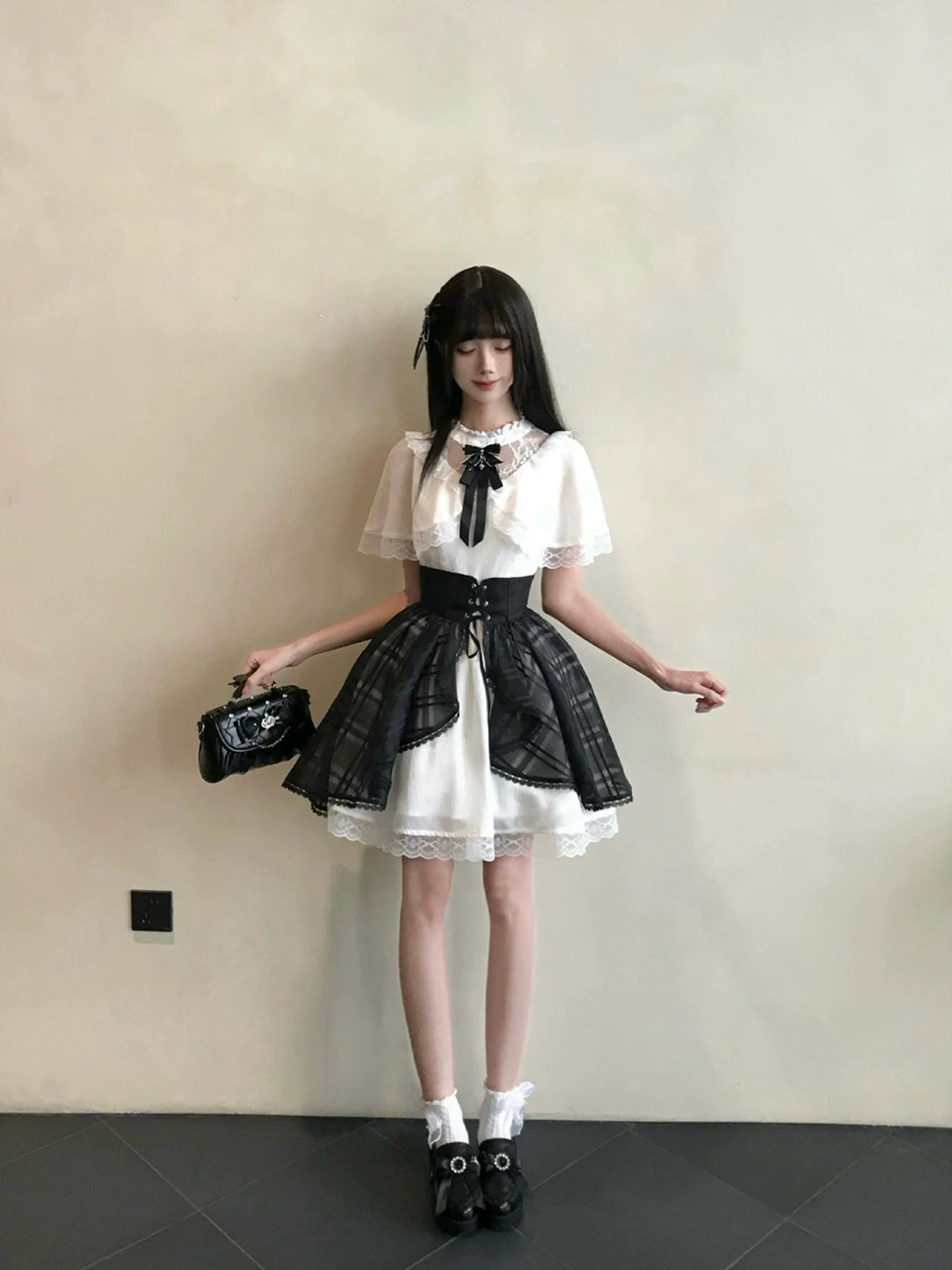 Seiso Kei Dress with Faux Two-Piece Shawl, Sheer Overlay 45621:860347