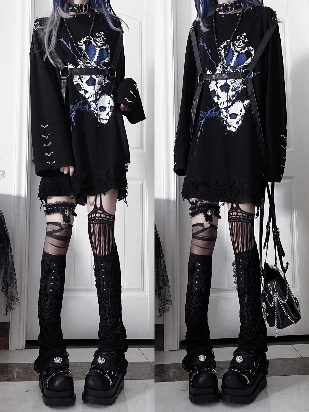 Gothic Printed Long Sleeve Tee, Detachable Strap 44336:804647