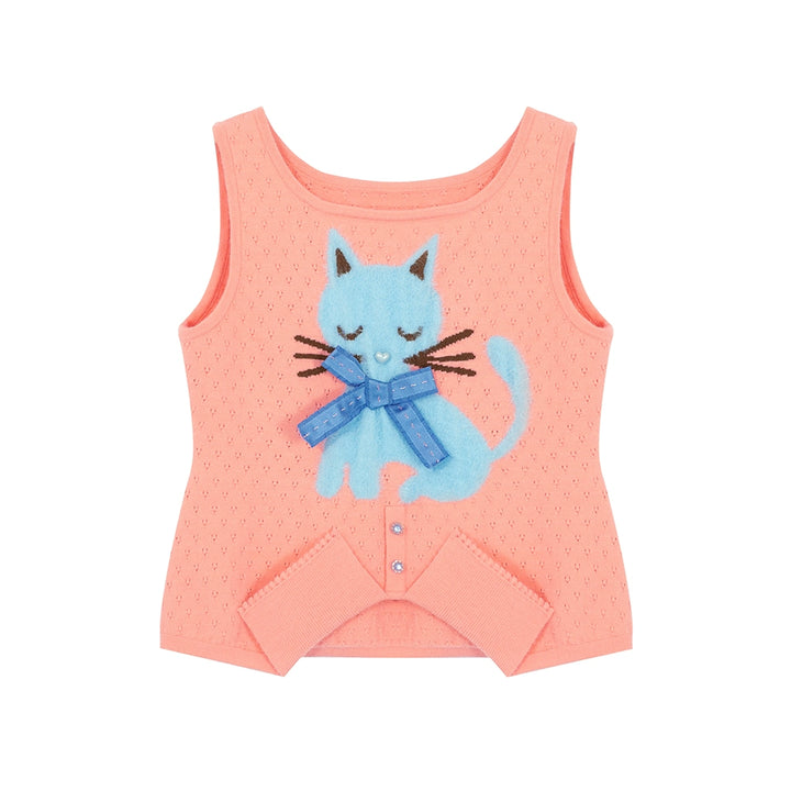 Kawaii Orange Knit Vest Cat Pattern Sweater Vest (L M S) 31704:370124 (L M S) 31704:370124