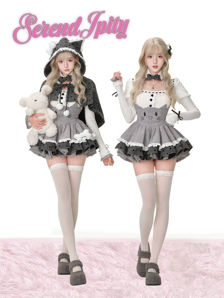 Kawaii Outfit Set, Knit Top, Suspender Skirt and Cape 44083:796599