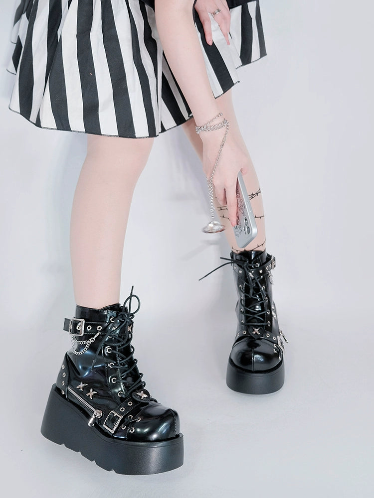 Punk Shoes Black White Platform Gyaru Fashion Combat Boots 29710:368842