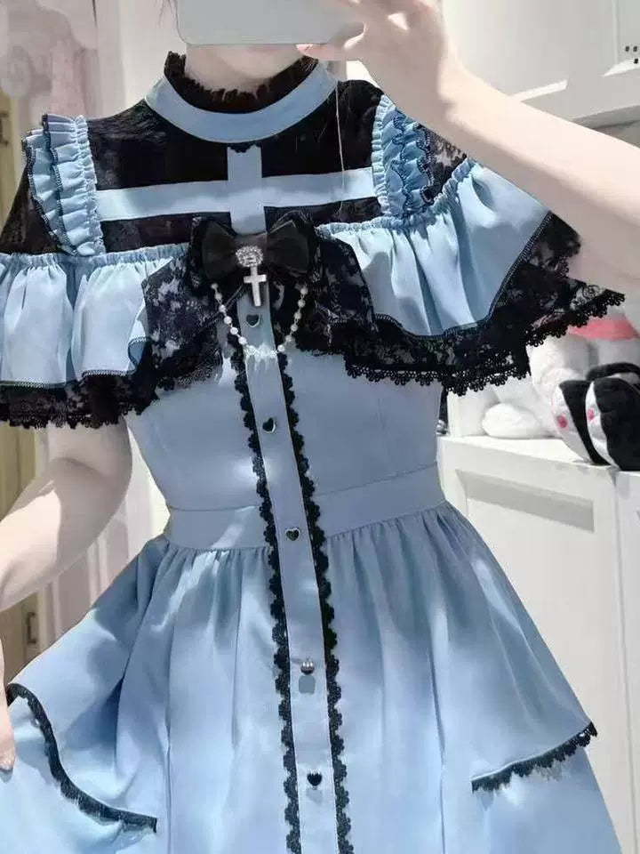 Flounce Cape Jirai Kei Dress, Cross Pendant 43780:785542