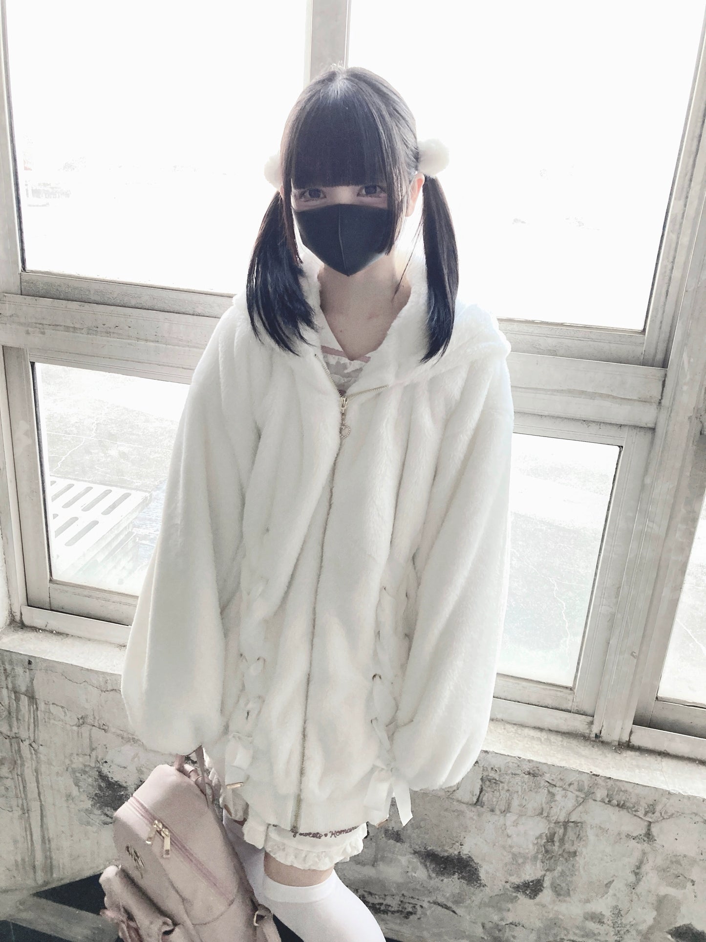 White Jirai Kei Plush Coat Ryousangata Ribbon Bowknot Jacket 33306:446244