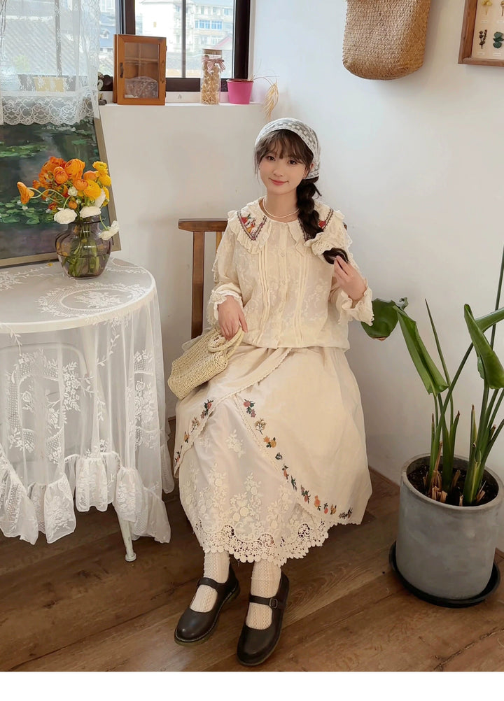 Mori Kei Skirt Sweet Retro Linen Embroidered Long Skirt 41802:714100