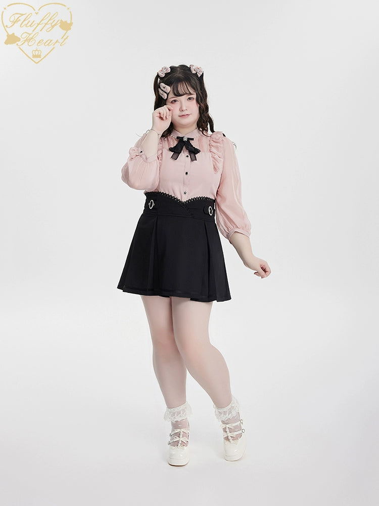 White Pink Jirai Kei Blouse Sheer Lace Shirt with Rhinestone 32914:403870