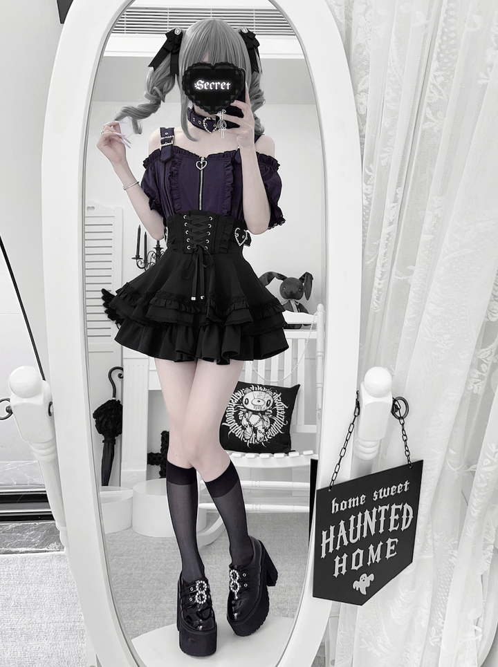 Jirai Kei Open Shoulder Shirt Outfit, Multiple Colors 43500:778041
