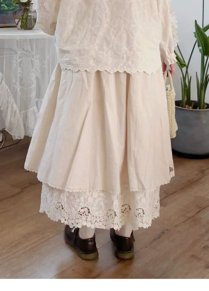 Mori Kei Skirt Sweet Retro Linen Embroidered Long Skirt 41802:714120