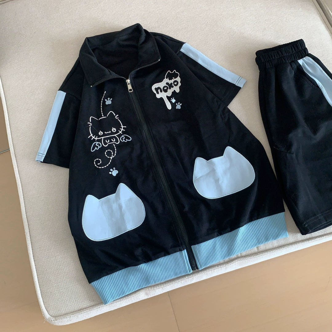 Cat Printed Kawaii Outfit, Zip Up Sweatshirt + Pocketed Shorts (L M S) 43561:779961