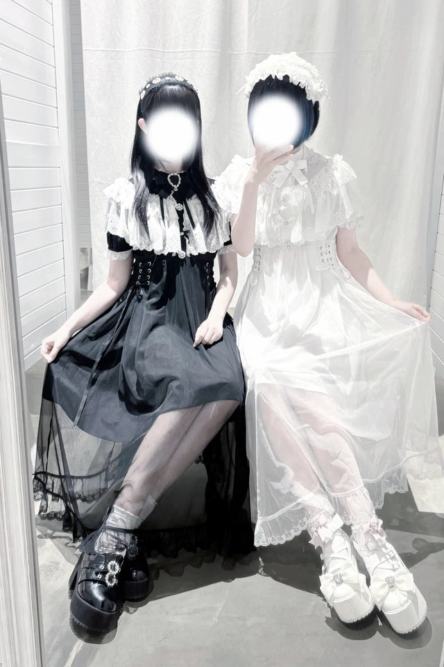 Long Jirai Kei Lace Cape Dress, Detachable Sleeves 43590:780592