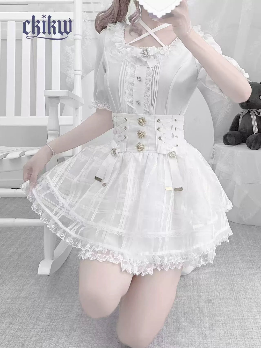 Lace Square Neck Jirai Kei Blouse, Detachable Rhinestone Bow 43611:780662