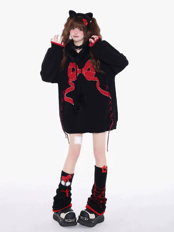 Yami Kawaii Sweater Bow Black Red Hoodie Detachable Collar 39556:639620