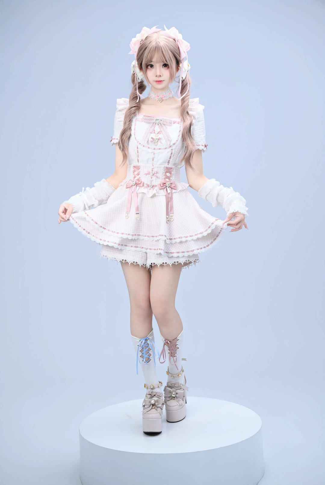 Jirai Kei Cotton Shirt, High-Waisted Suspender Skirt 45267:845213