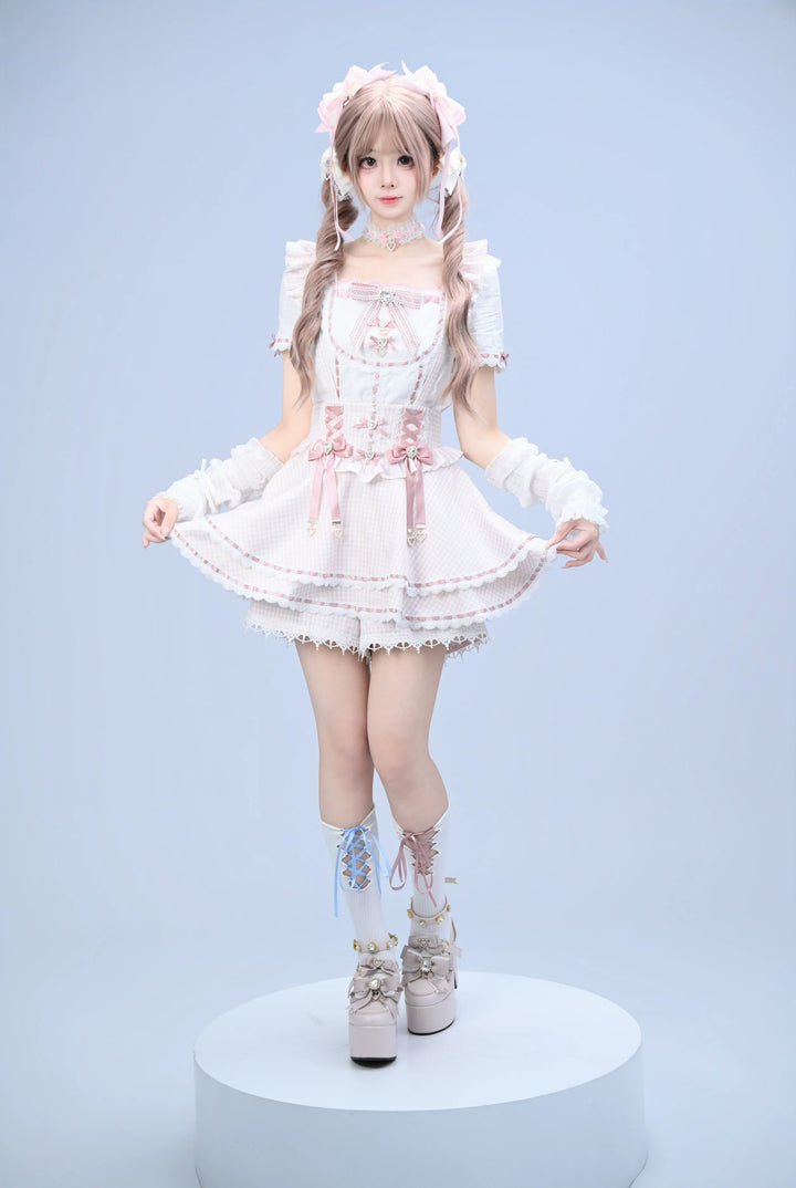Jirai Kei Cotton Shirt, High-Waisted Suspender Skirt 45267:845213