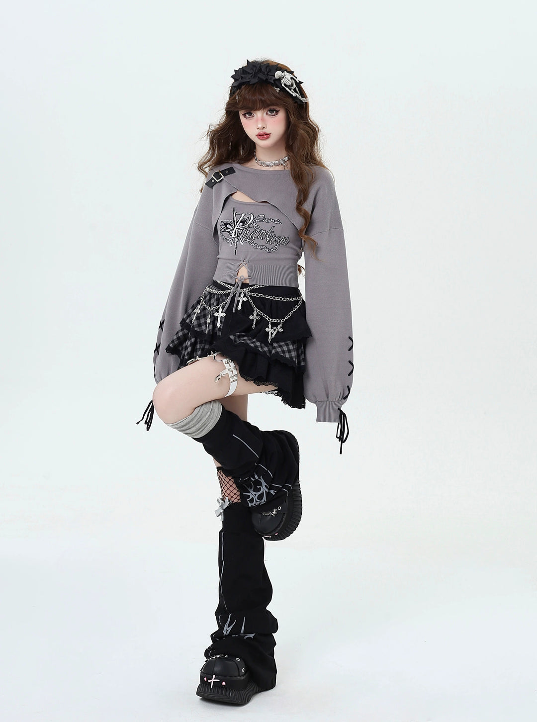 Gyaru Fashion Sweater Sexy Long-Sleeve Knitted Two-Piece Set 41788:713656