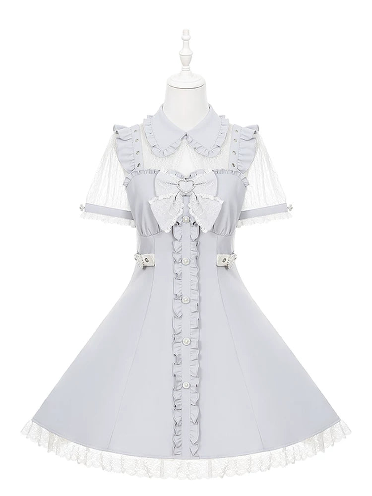 Dusty Blue Ryousangata High Waist Dress, Upper Lace Panel (L M S) 45574:856209