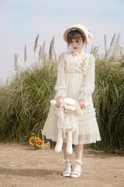 Sunflower Daily Lolita Dress Mori Kei Dress Long Sleeve Dress 36478:552250