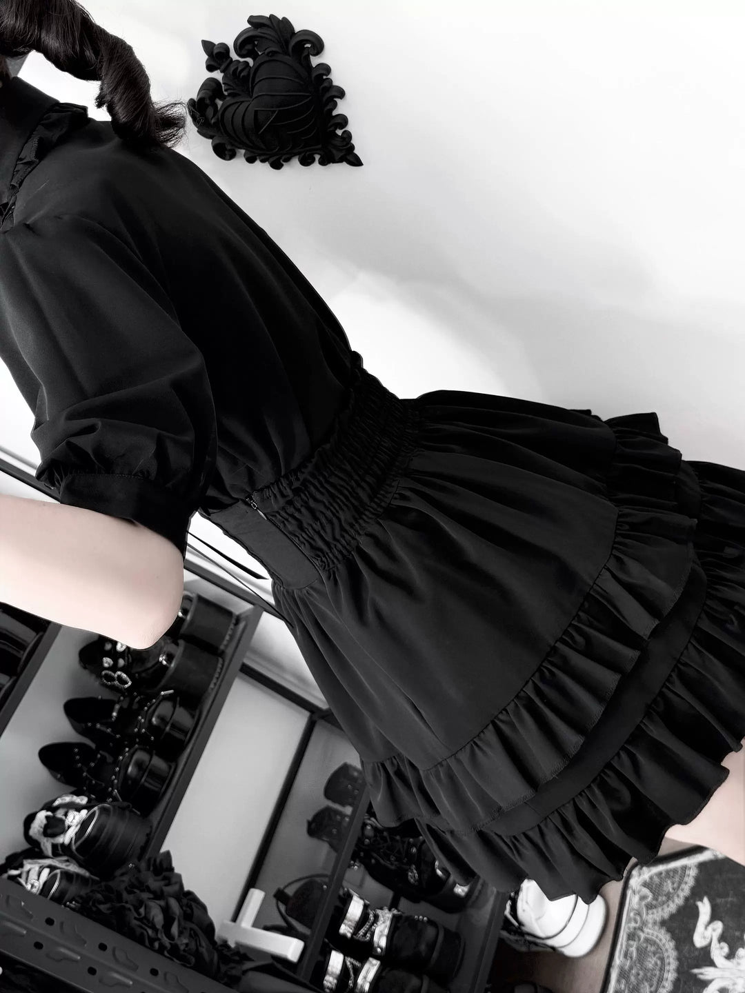 Black Jirai Kei Blouse & High Waist Skirt Set 45796:864031