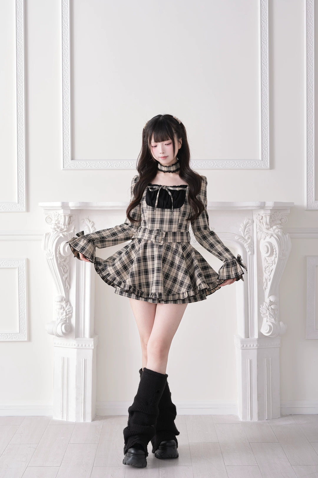 Jirai Kei Plaid Dress and Shorts Set, Lace Trim Choker 44689:819257