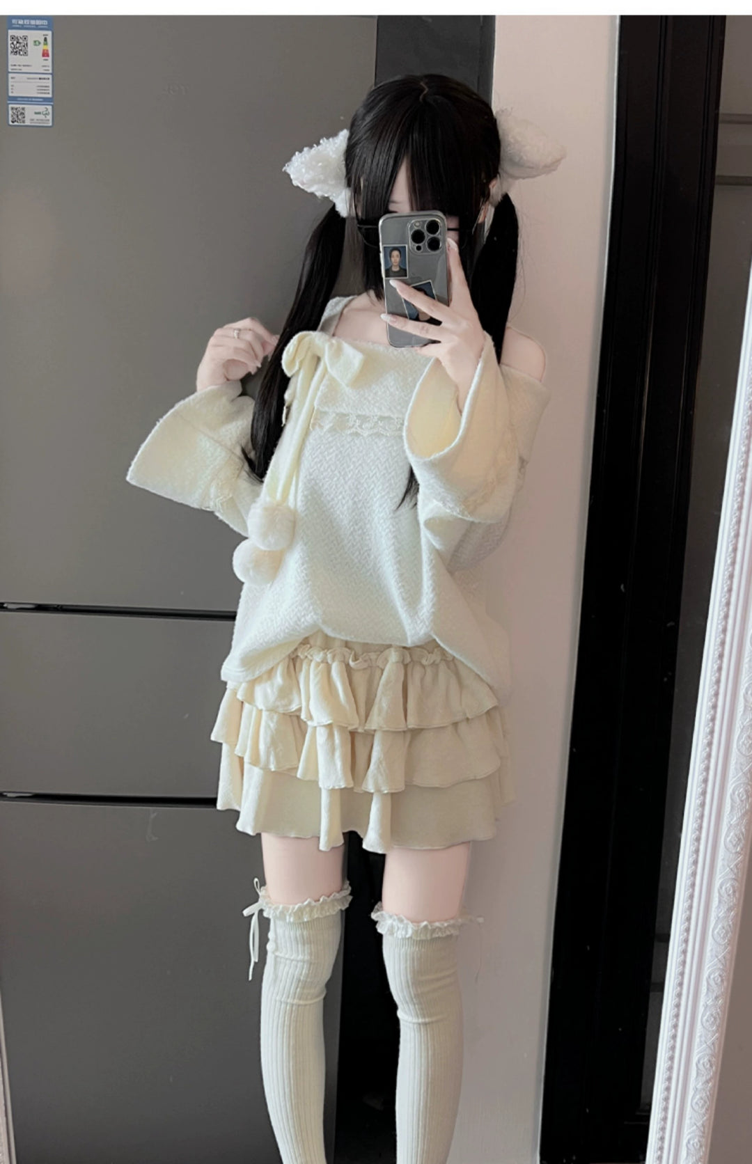 Jirai Kei Sweater White Off-Shoulder Sweater Tiered Skirt 40074:649802