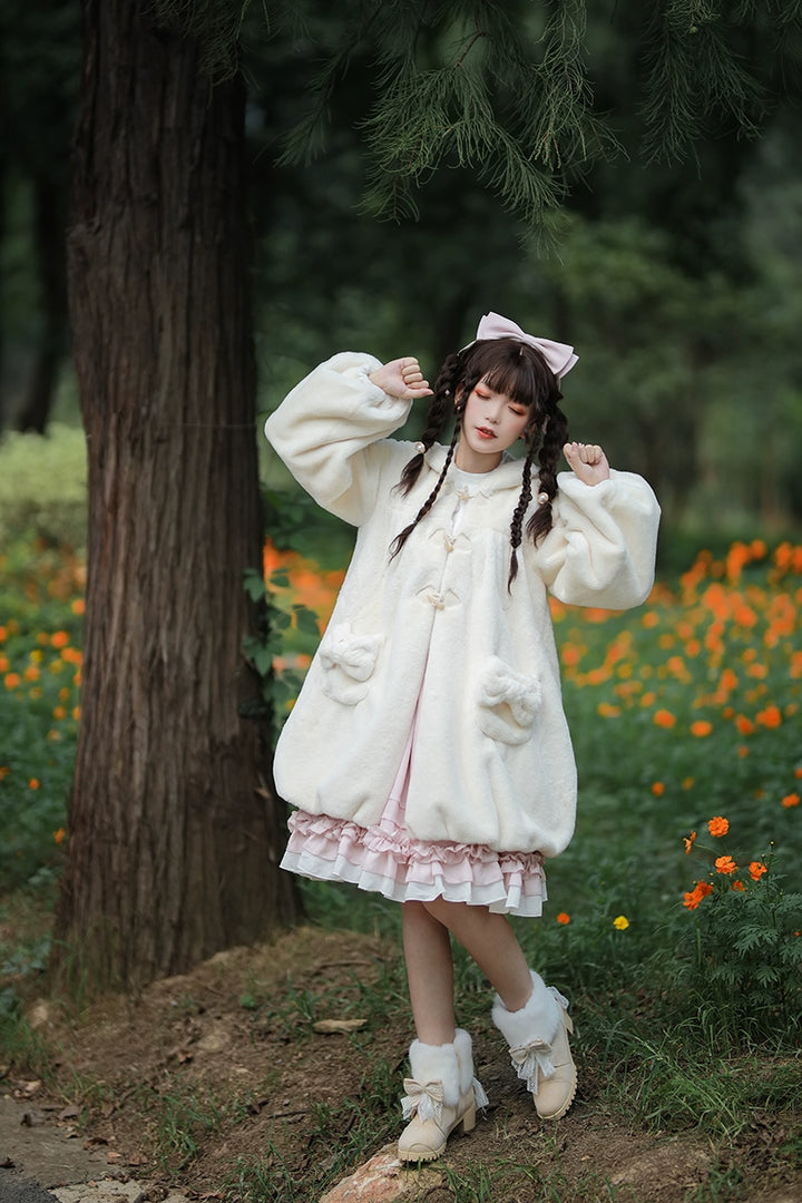 Kawaii Beige Winter Coat Bunny Fur Toggle Coat 22762:353510 22762:353510