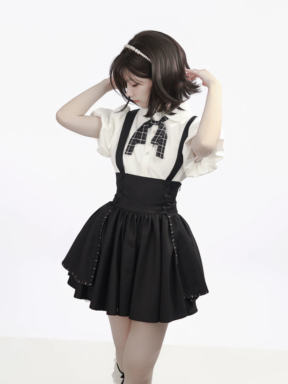 Academia Bubble Sleeve Blouse, Elastic Waist Suspender Skirt 45875:866370