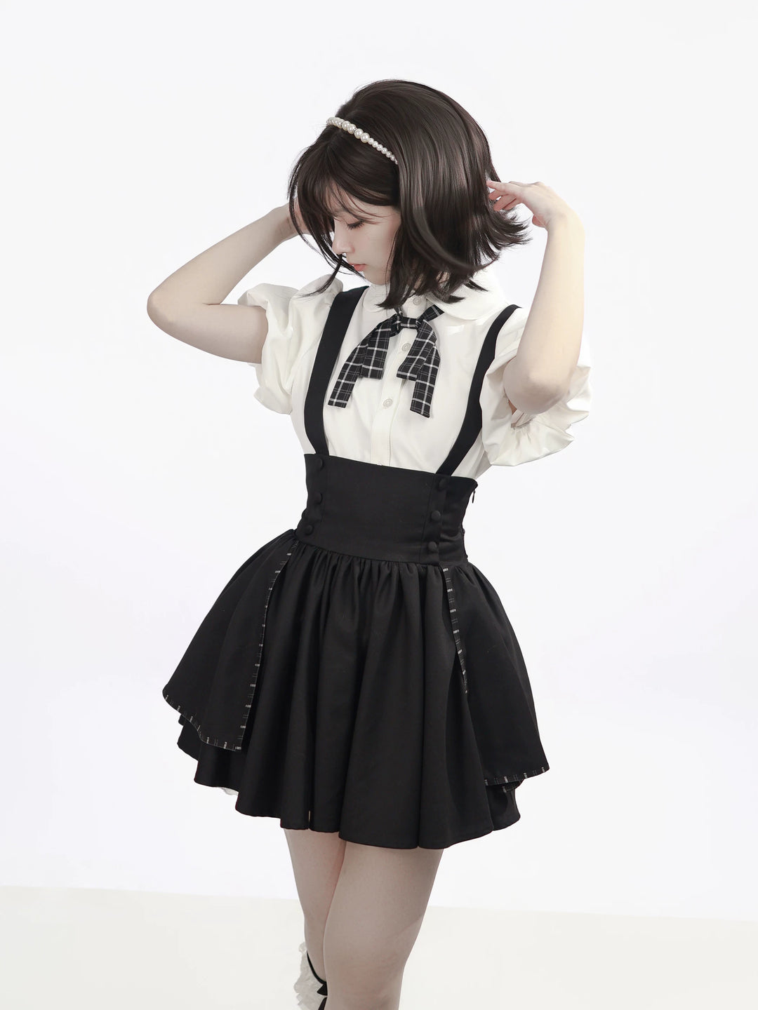 Academia Bubble Sleeve Blouse, Elastic Waist Suspender Skirt 45875:866370