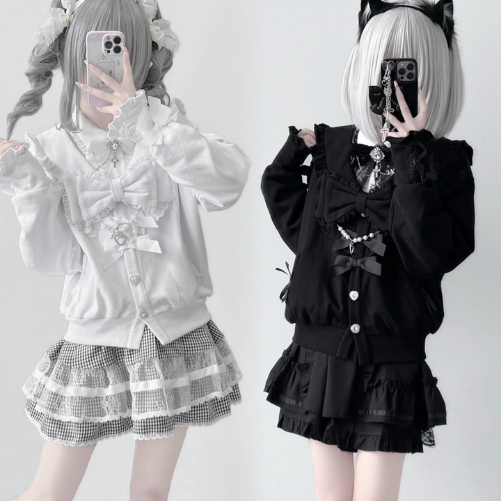 Jirai Kei Jacket Sailor Collar Coat With Lace Bow and Peal Chain 42148:728572