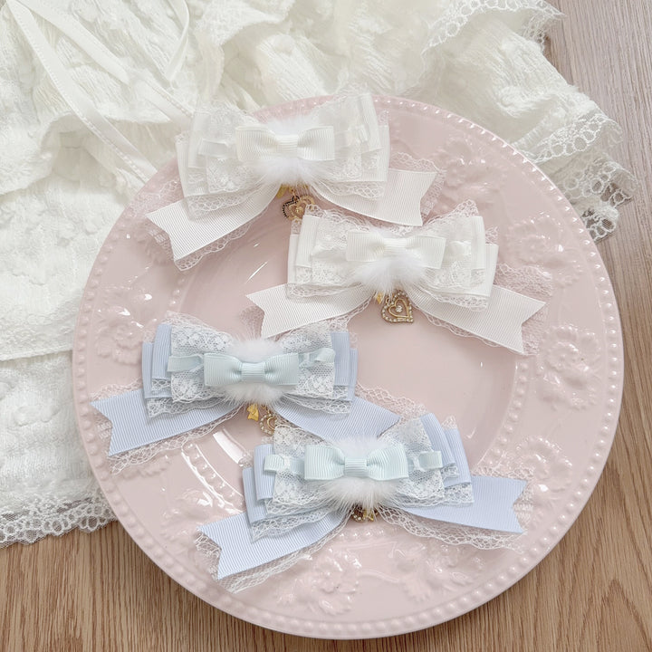 Jirai Kei Layered Bow Hair Clip, Soft Pom-pom 45566:855092