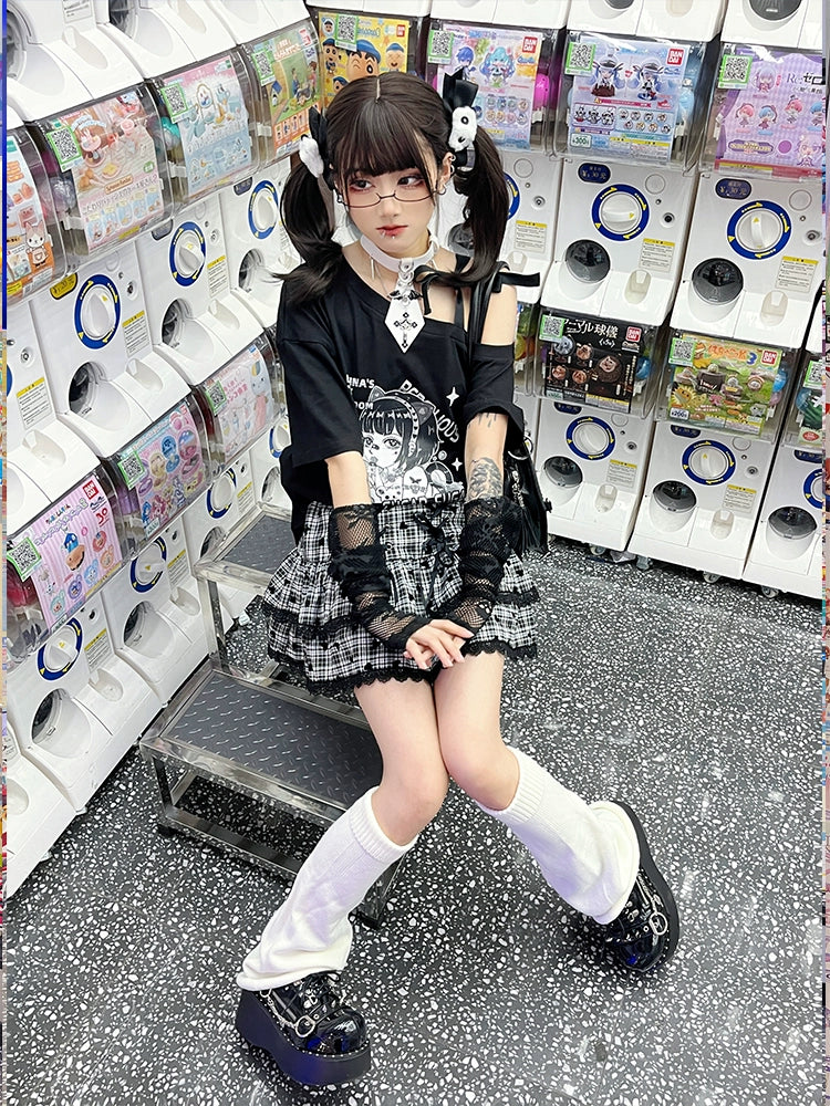 Y2K Outfits Skirt Set Open Shoulder Short Sleeve Shirt Black T-shirts only / T-shirts-S Y2K Outfits Skirt Set Open Shoulder Short Sleeve Shirt Black T-shirts only / T-shirts-S