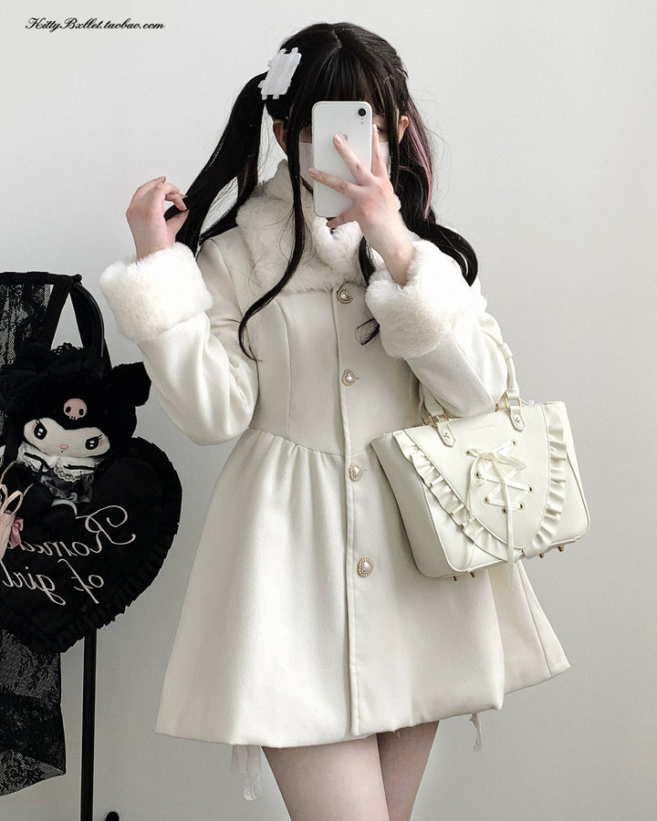 Jirai Kei Coat Detachable Fur Collar Dress Coat Wool-like Jacket 40416:667604