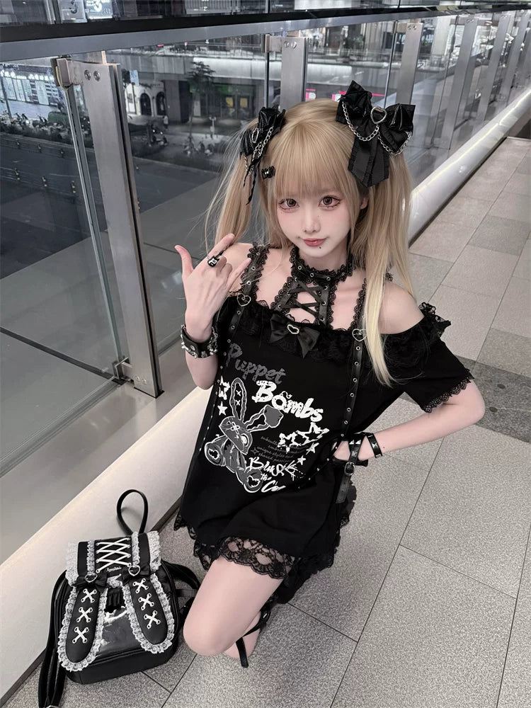 Halter Neck Punk Bunny Print T-shirt, Layered Star Skirt 45361:851449