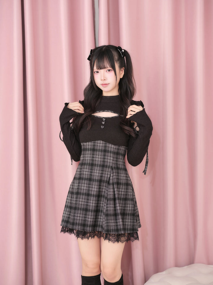 Jirai Kei Open Shoulder Plaid Dress, Chest Cutout 45957:869819