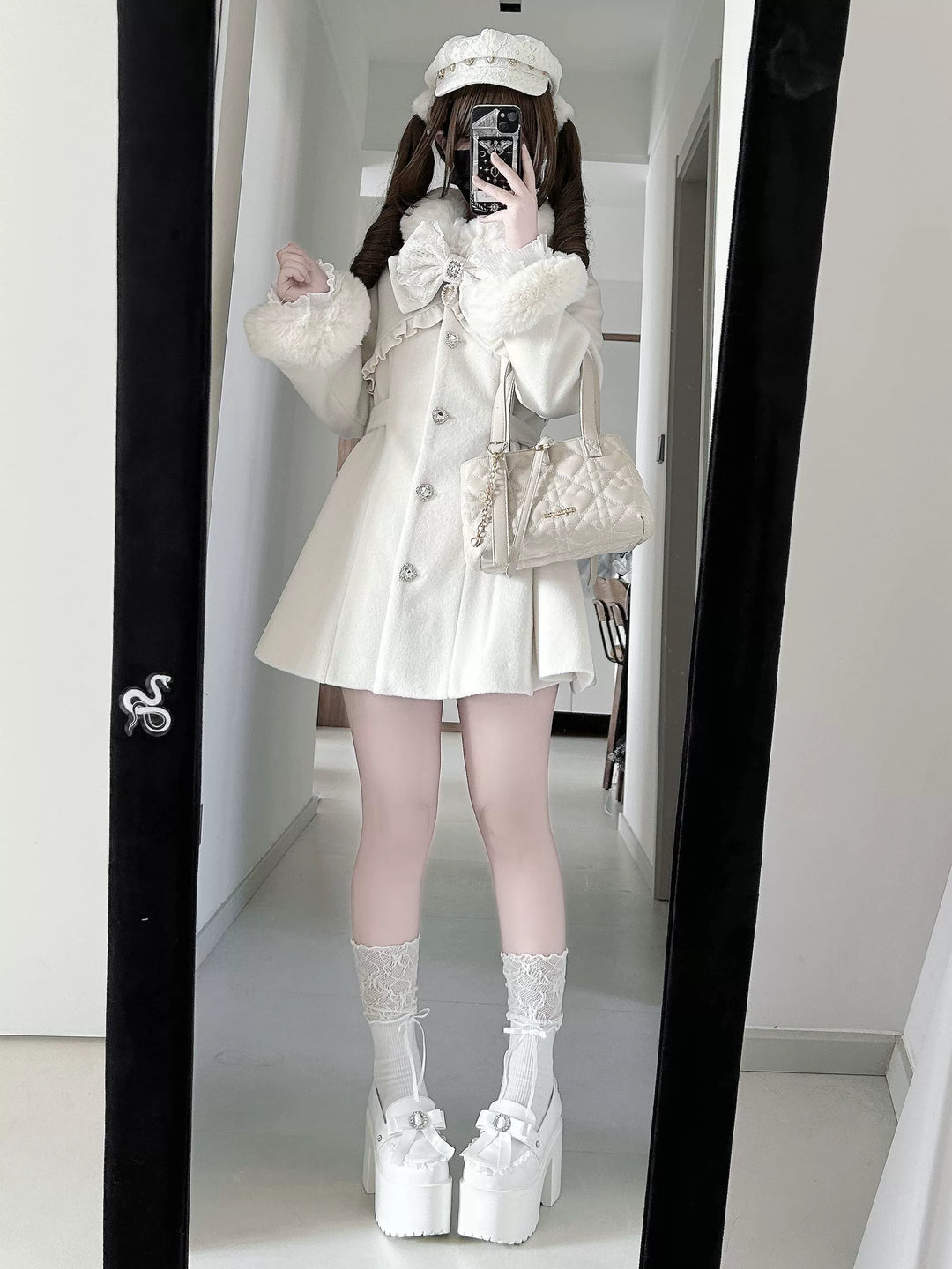 Fluffy Trim Ryousangata Winter Coat, Rhinestone Accents 44200:800813