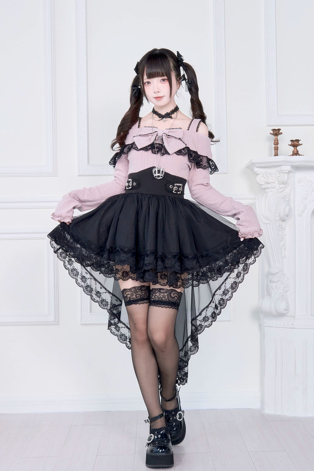 Faux Two-piece Jirai Kei Open Shoulder Dress (L M) 43866:787843