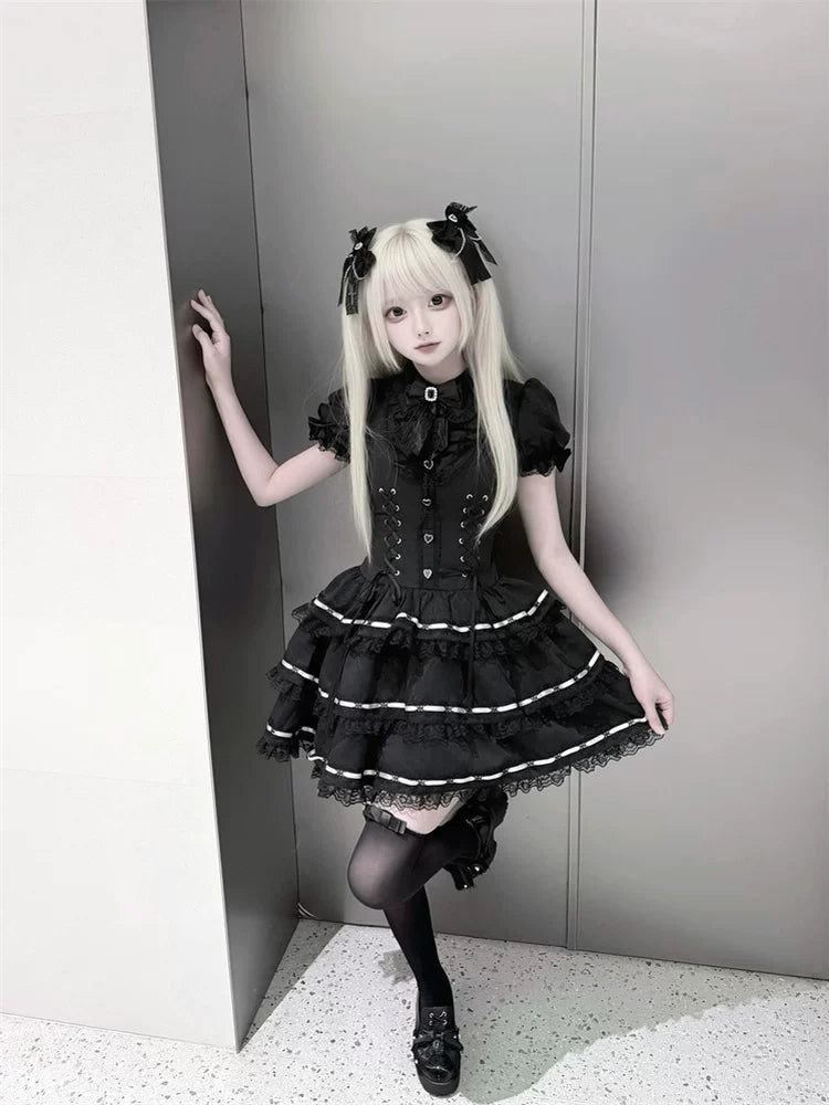 Puffy-Sleeved Jirai Kei Dress, Cake-Designed Hem 45569:854239
