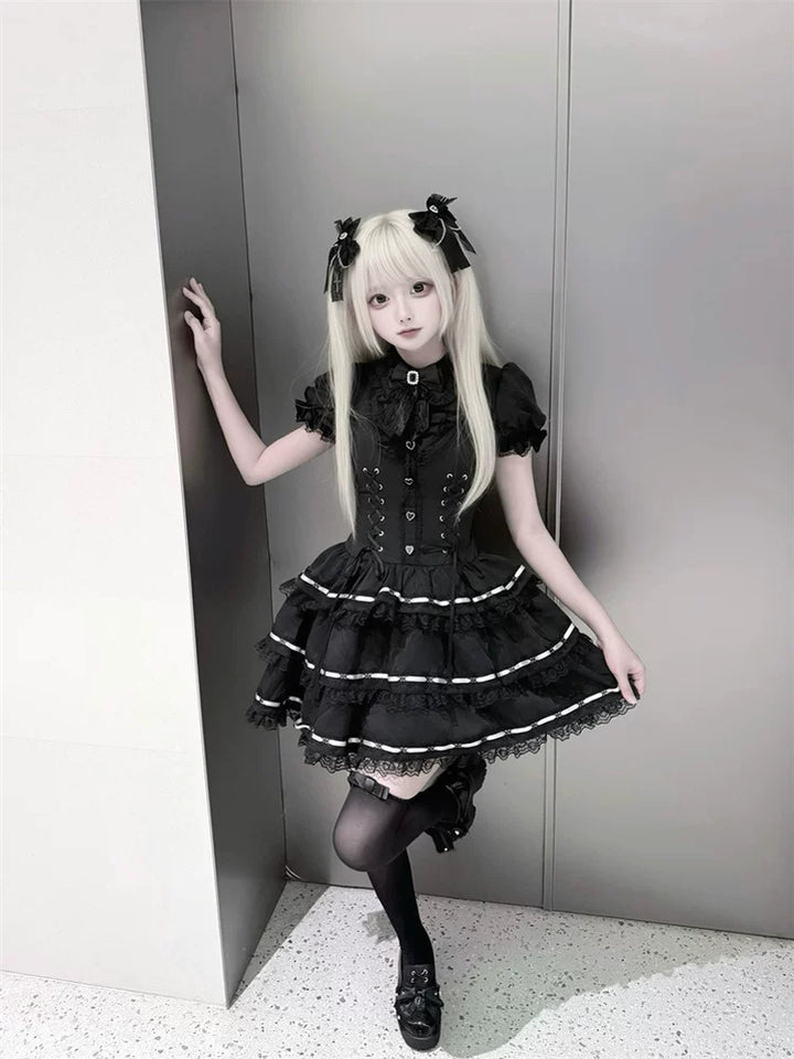 Puffy-Sleeved Jirai Kei Dress, Cake-Designed Hem 45569:854239