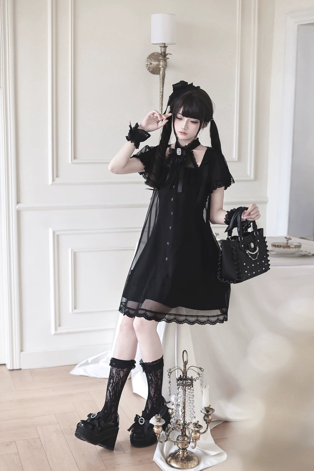 Jirai Kei Halter Neckline Dress, Tulle Overlay 45454:855439