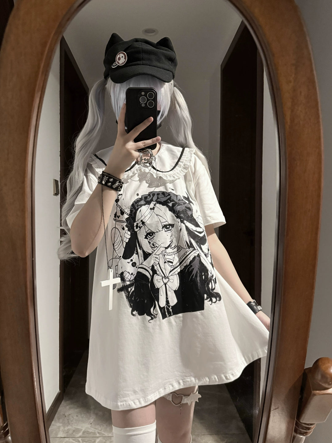Cotton Subcul Jirai Kei T-Shirt, Dark Cute Girl Print 43568:779992