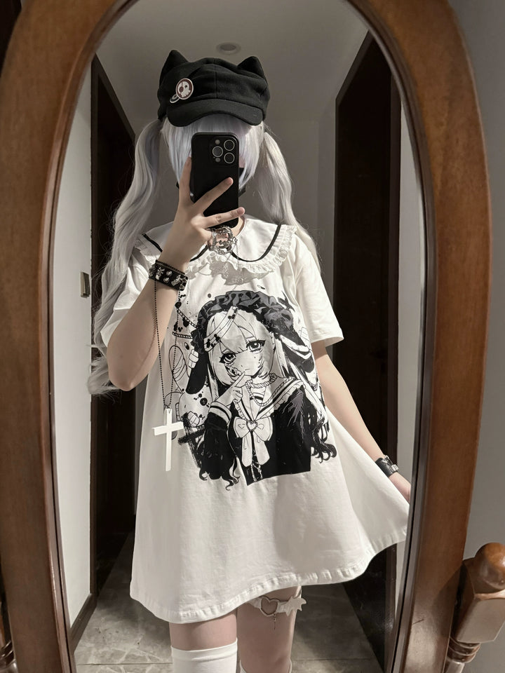 Cotton Subcul Jirai Kei T-Shirt, Dark Cute Girl Print 43568:779992