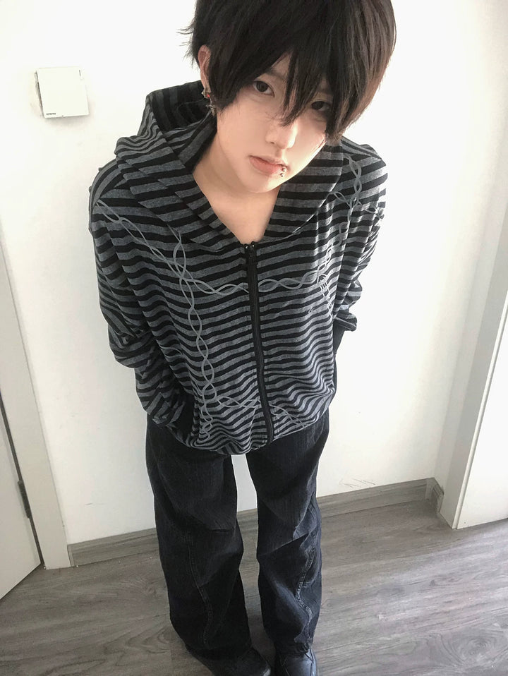 Gothic Striped Zip-Up Hoodie, Cotton for Summer 45270:844640