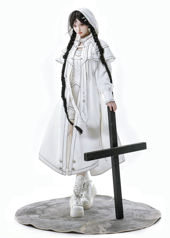 Cyberpunk Cloak Set White Hooded Cloak Top And Shorts 38820:602028