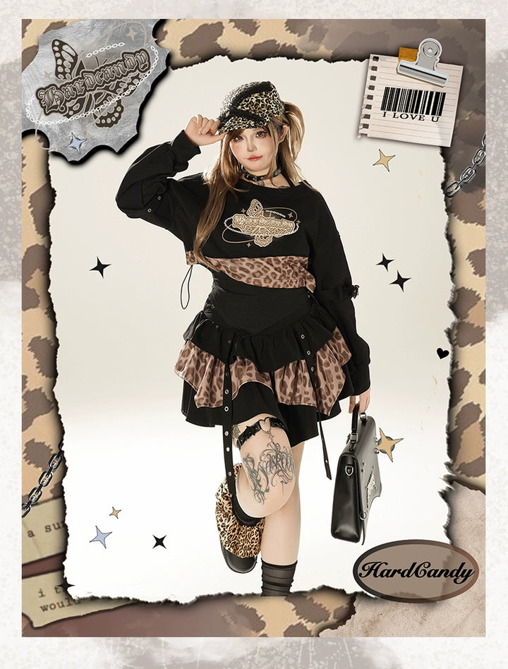 Plus Size Gyaru Outfit Set Leopard Plaid Skirt Set 39400:627828