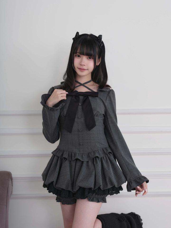 Ryousangata Plaid/Striped Dress & Shorts Set, Chest Big Bow (M S) 46031:873213