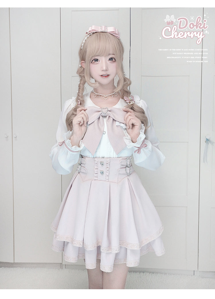 Jirai Kei Outfit A-Line Skirt and Long-Sleeved Blouse with Rhinestone Bow 42520:744274