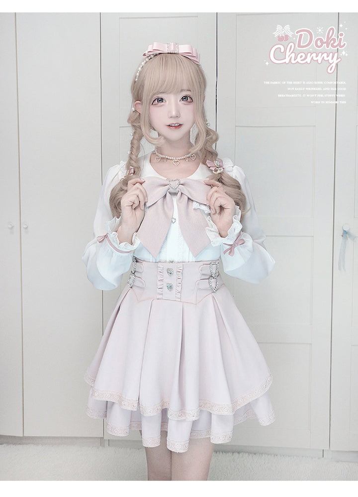 Jirai Kei Outfit A-Line Skirt and Long-Sleeved Blouse with Rhinestone Bow 42520:744274