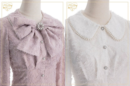 Jirai Kei Blouse White Pink Lace Chiffon Pearl Long Sleeve Shirt 33754:443456