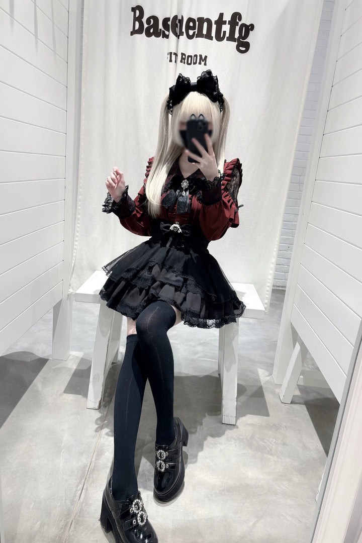 Jirai Kei Long Sleeve Blouse, Lace Overlay and Heart Buttons 44589:815152