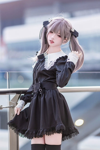 Jirai Kei Set Black Pink Sailor Collar Blouse Cross Skirt 37666:564504