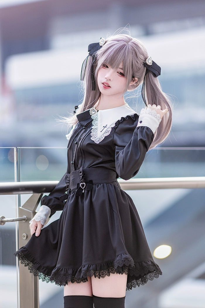 Jirai Kei Set Black Pink Sailor Collar Blouse Cross Skirt 37666:564482