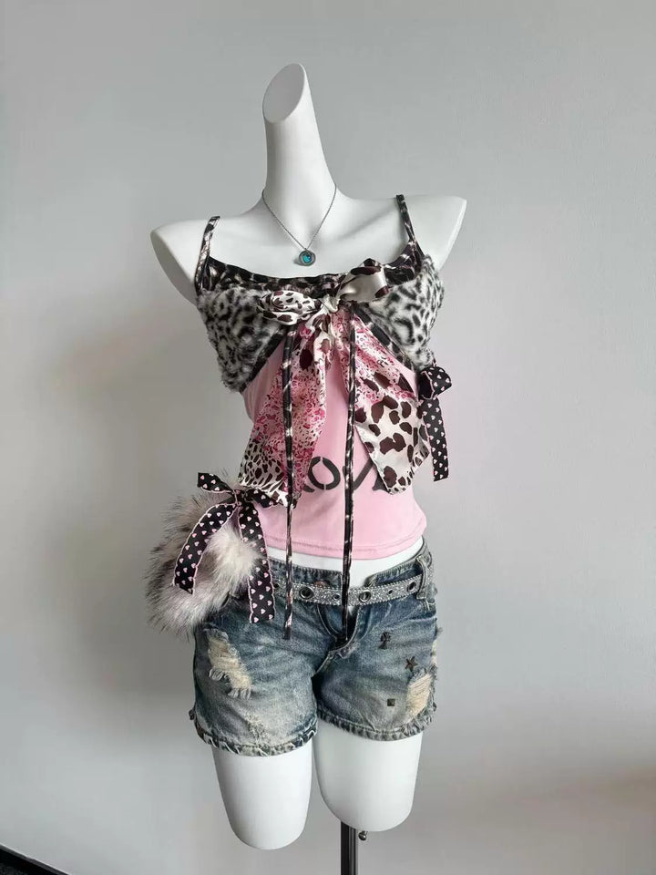 Gyaru Pink Cami Top, Leopard Fluffy Chest 45511:852607